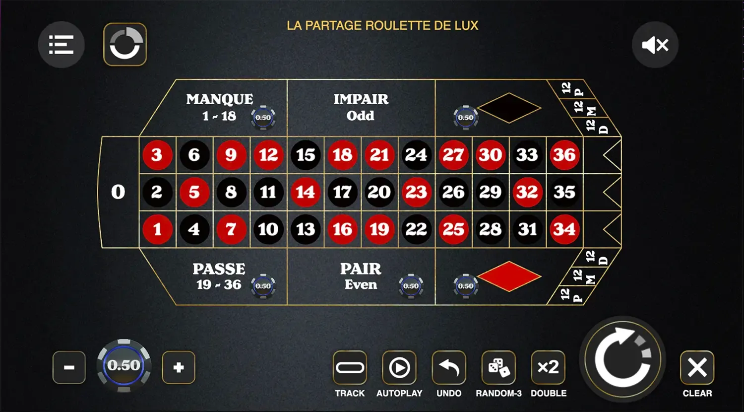 French roulette betting layout with even-money bets